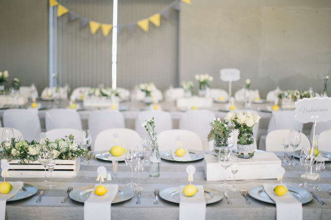 tablescape //  Beautiful Gray and Yellow Rustic Winter Wedding Reception Decor / Jenni Elizabeth Photography