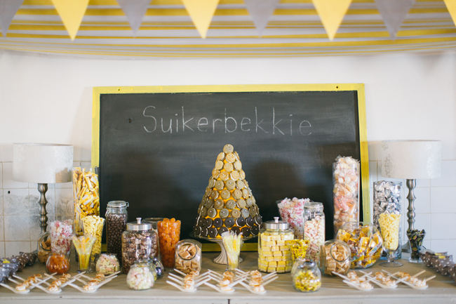 Candy buffet //  Beautiful Gray and Yellow Rustic Winter Wedding Reception Decor / Jenni Elizabeth Photography