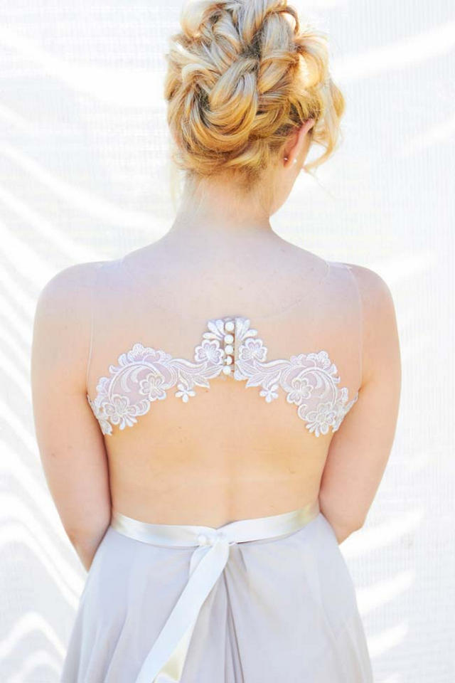 Sheer back illusion lace wedding dress // Navy Blue Beach Wedding