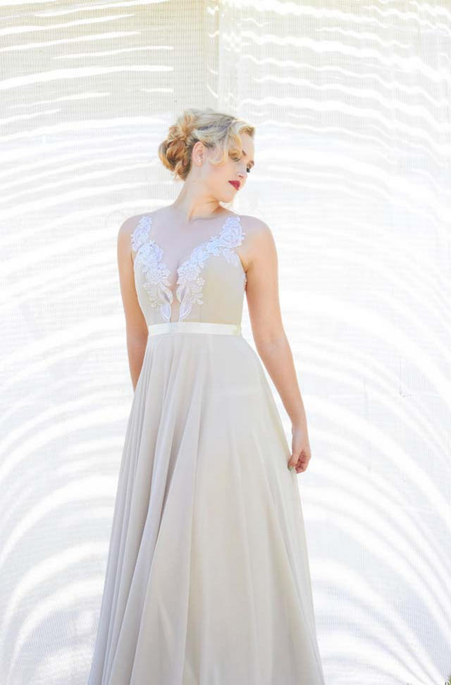 Sheer back illusion lace wedding dress // Navy Blue Beach Wedding
