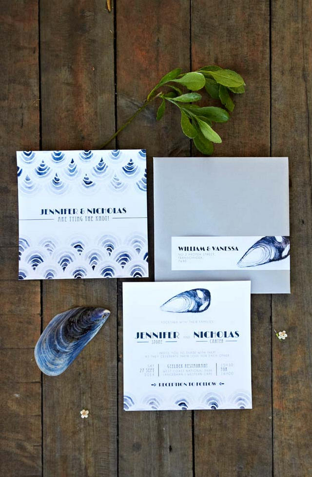 Navy Seashell Wedding invitation // Navy Blue Beach Wedding