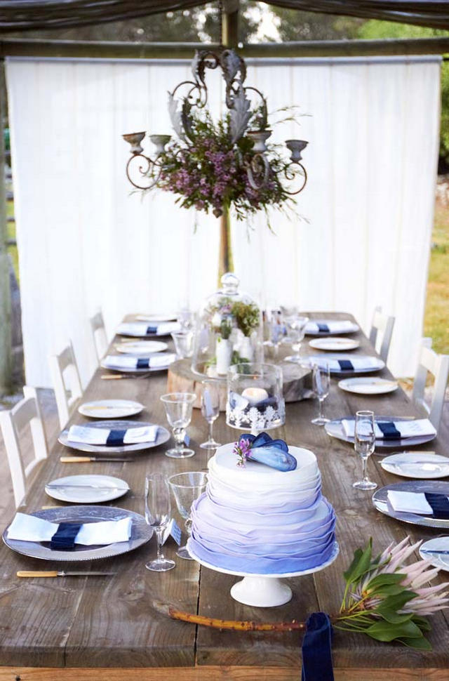 Blue Purple Ombre Ruffle Cake // Navy Blue Beach Wedding