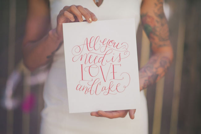 All you need is love and cake wedding sign // Water color drink tags and orange refreshments // Orange Hot Pink Watercolor Wedding Ideas by Alexandra Wallace Photography