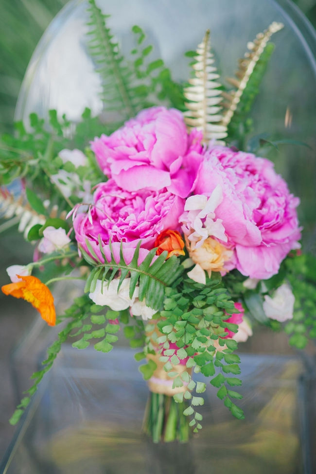 Beautiful Peony Bouquets // Orange Hot Pink Watercolor Wedding Ideas by Alexandra Wallace Photography