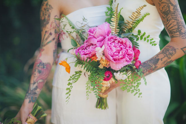 Beautiful Peony Bouquets // Orange Hot Pink Watercolor Wedding Ideas by Alexandra Wallace Photography