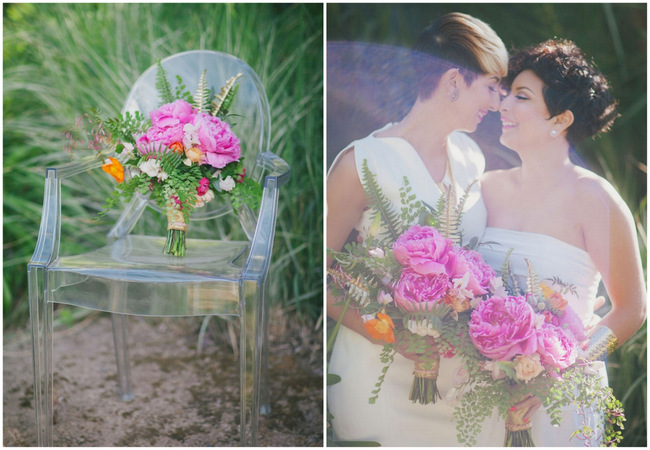 Beautiful Peony Bouquets // Orange Hot Pink Watercolor Wedding Ideas by Alexandra Wallace Photography