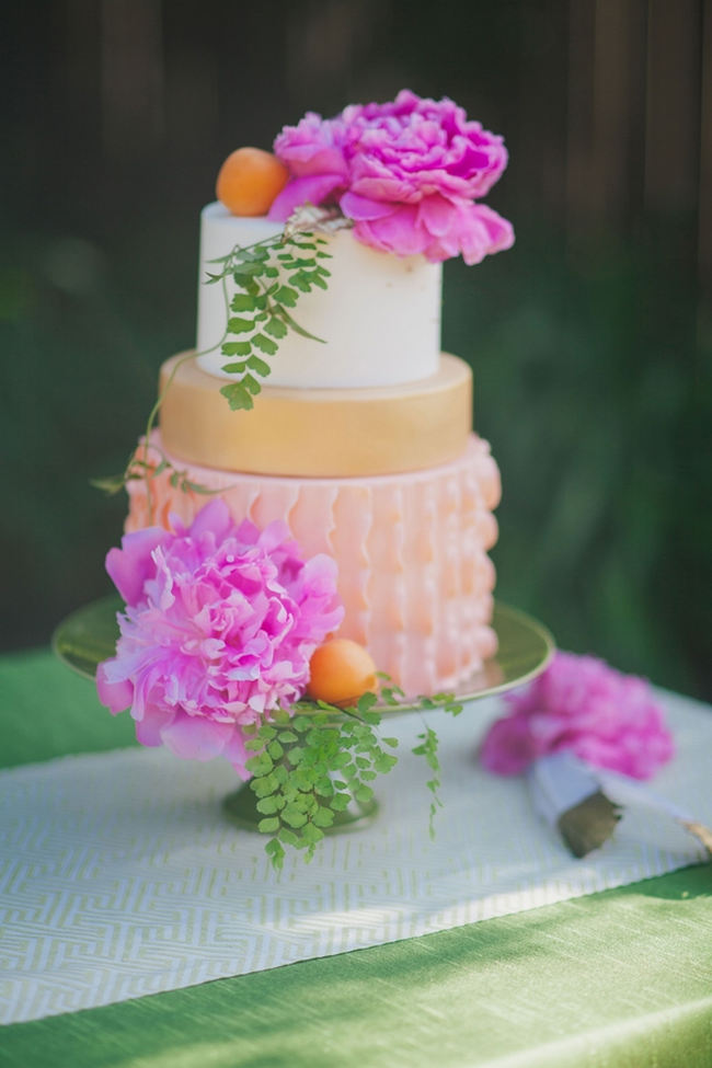 Amazing tropical wedding cake with peony and ruffles // Orange Hot Pink Watercolor Wedding Ideas by Alexandra Wallace Photography