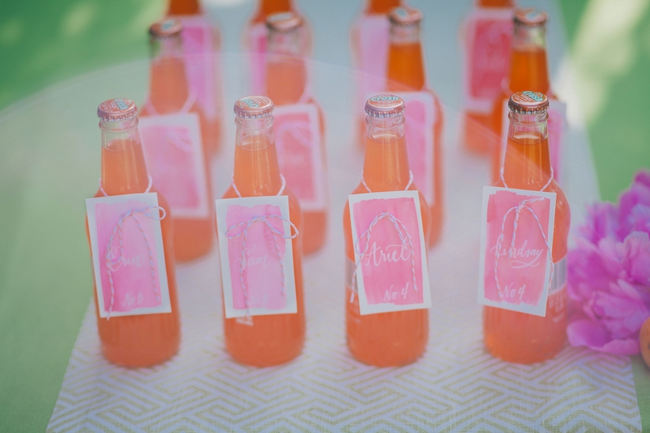 Water color drink tags and orange refreshments // Orange Hot Pink Watercolor Wedding Ideas by Alexandra Wallace Photography