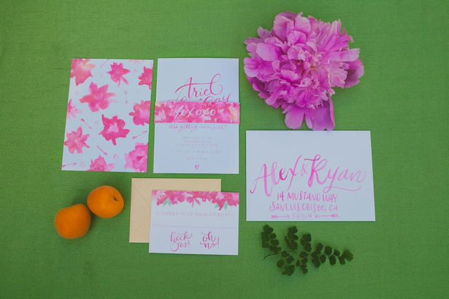 Peony Watercolor Wedding Invitations // Lovely bright peony table decor // Orange Hot Pink Watercolor Wedding Ideas by Alexandra Wallace Photography