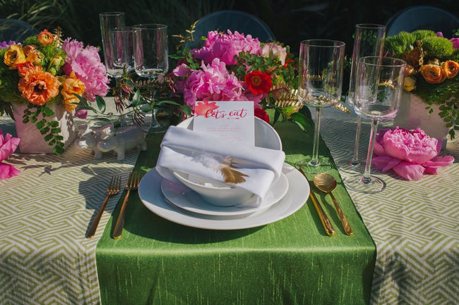 Place Setting - Lovely bright peony table decor // Orange Hot Pink Watercolor Wedding Ideas by Alexandra Wallace Photography