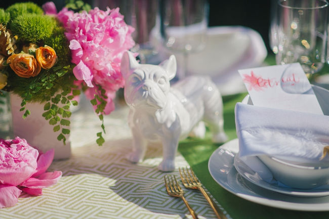 Lovely bright peony table decor // Orange Hot Pink Watercolor Wedding Ideas by Alexandra Wallace Photography