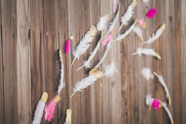 Dipped gold and pink feathers // Orange Hot Pink Watercolor Wedding Ideas by Alexandra Wallace Photography