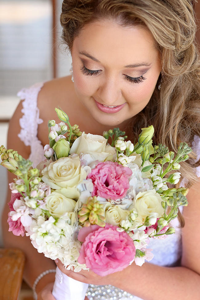 Pink, white, green wedding bouquet