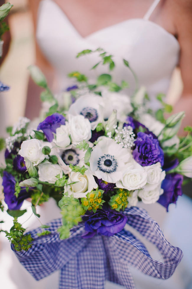 Stunning purple and white bridal bouquet // Purple and Cream Gingham Farm wedding // Audra Starr