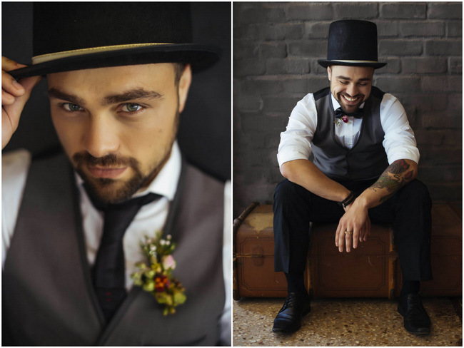 Such cool vintage groom style - Top Hat, Vest, Suit // Rockabilly Wedding Ideas // Claire Thompson photography