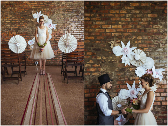 DIY Paper Wedding Ceremony Wall Backdrop // Rockabilly Wedding Ideas // Claire Thompson photography
