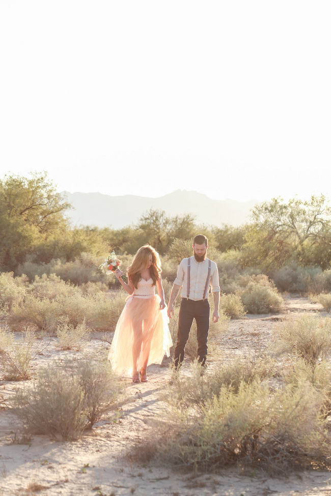 Handmade Peach Garden Weddding Bouquet and handmade Tulle Dress / Whimsical Arizona Desert Engagement Shoot // Morgan McLane Photography 