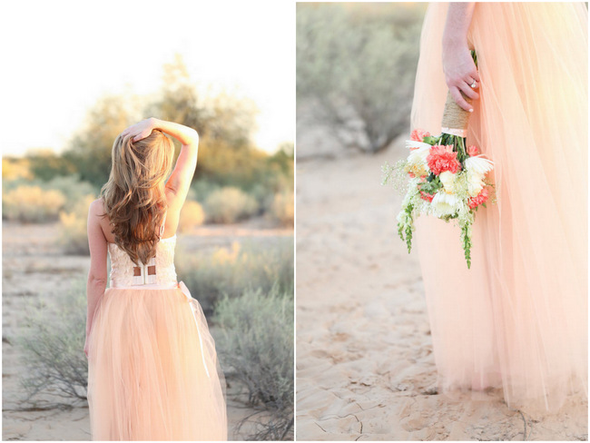 Handmade Peach Garden Weddding Bouquet and handmade Tulle Dress