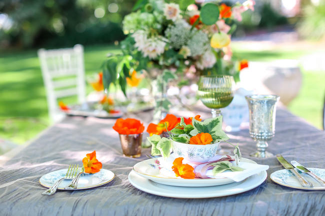 Whimsical Garden Wedding Tablescape in Peach and Grey // Nikki Meyer Photography