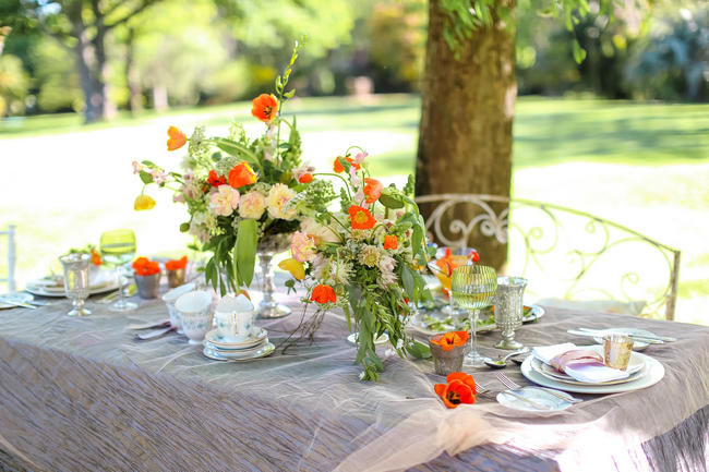 Whimsical Garden Wedding Tablescape in Peach and Grey // Nikki Meyer Photography