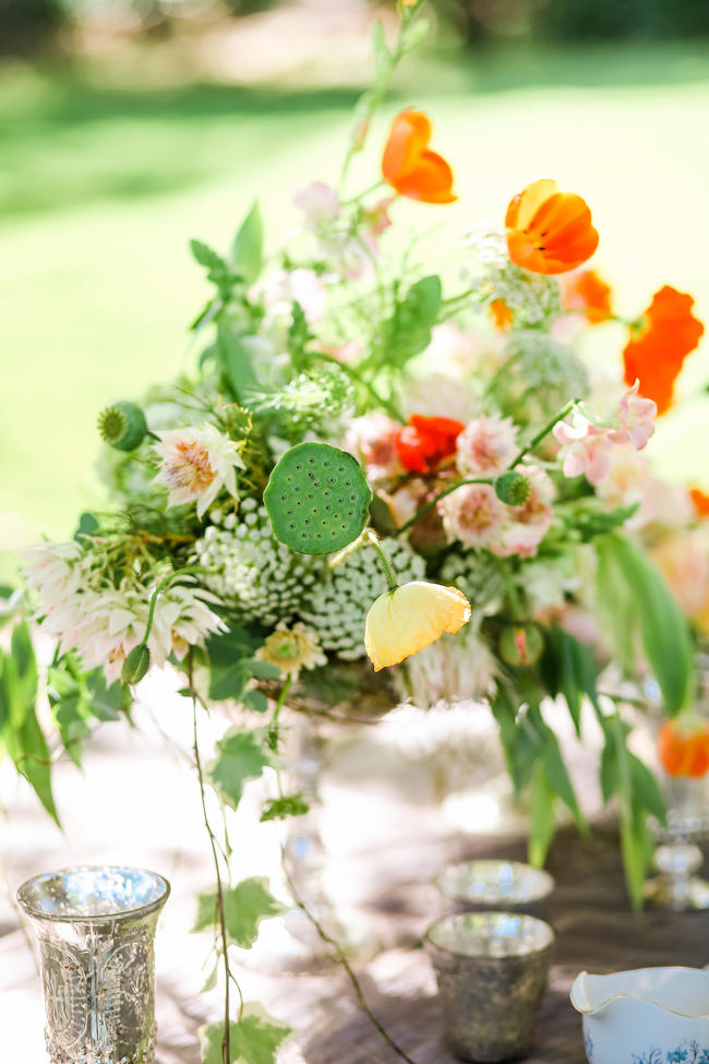 Whimsical Garden Wedding flowers in Peach, green and silver Grey // Nikki Meyer Photography