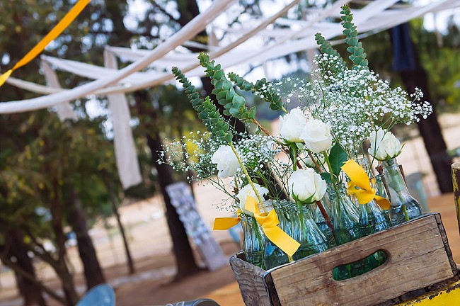 Vintage crate and bottles // Yellow and Grey DIY Vintage Wedding // Miracles Photo