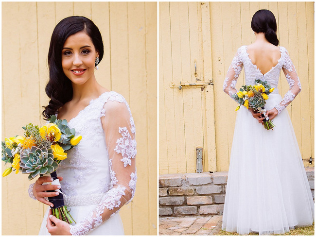 Yellow succulent Bouquet long sleeved lace wedding dressand 