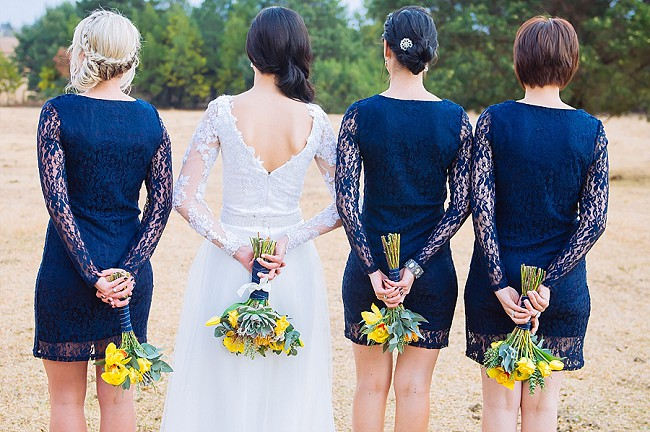 Short Navy Bridesmaid Dress with long lace sleeves