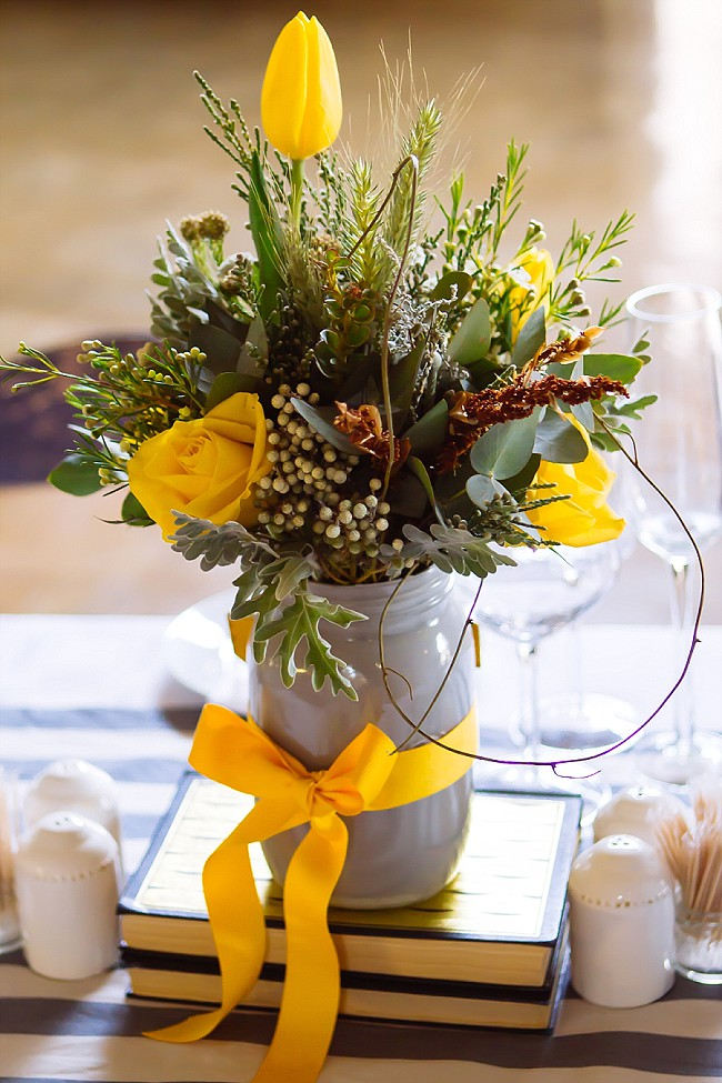 Painted Mason Jar and yellow ribbon // Yellow and Grey DIY Vintage Wedding // Miracles Photo