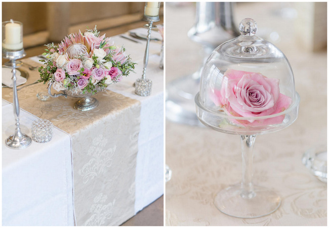 Pink, blush and cream wedding reception table details with stunning King Protea // Lightburst Photography