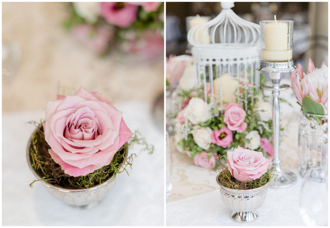 Pink, blush and cream wedding reception table details with stunning King Protea // Lightburst Photography