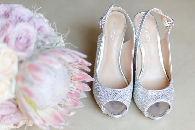 Pink king Protea and glitter wedding shoes