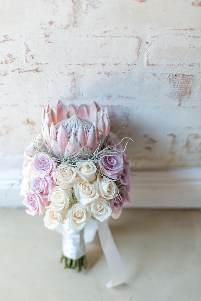 Stunning, large Pink Cream King Protea Wedding Bouquet // Lightburst Photography