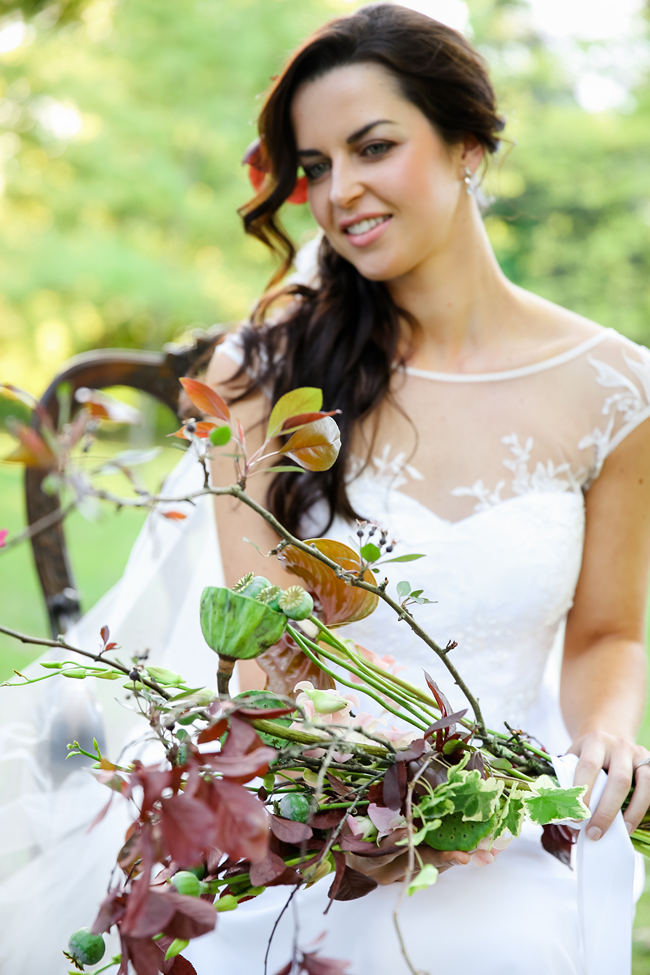 Loose, long waves and a Robyn Roberts wedding dress with sheer, illusion neckline perfect for a Rustic Garden Picnic Wedding // Nikki Meyer Photography