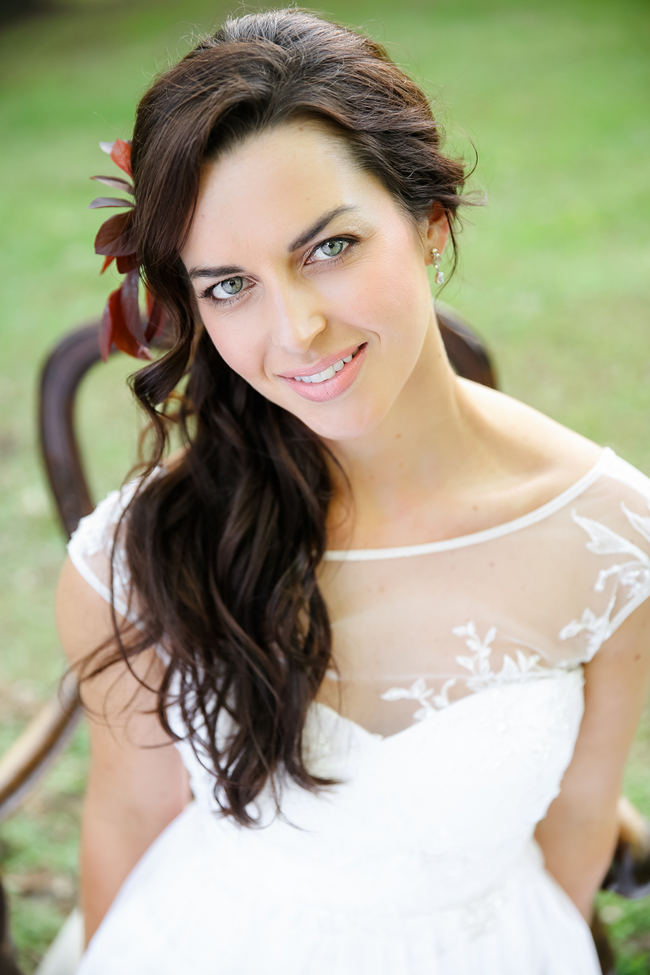 Loose, long waves and a Robyn Roberts wedding dress with sheer, illusion neckline perfect for a Rustic Garden Picnic Wedding // Nikki Meyer Photography