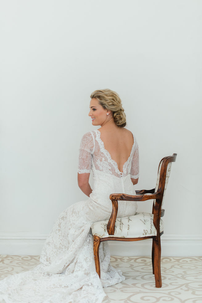 Open, Lace backed wedding with deep V and three quarter lace sleeves from Blush Bridal // Dehan Engelbrecht Photography