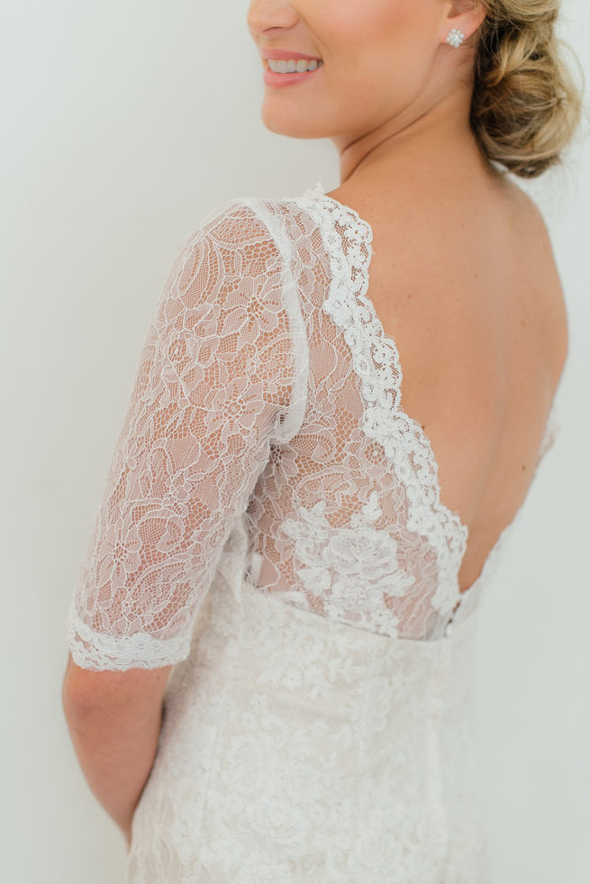 Open, Lace backed wedding with deep V and three quarter lace sleeves from Blush Bridal // Dehan Engelbrecht Photography