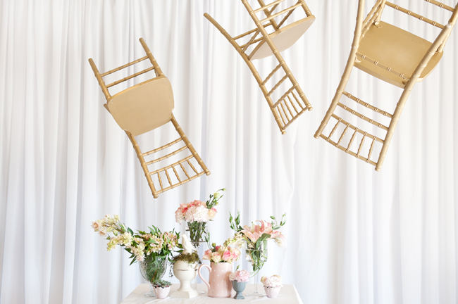  Whimsical blush, Cream and Gold wedding flowers: Roses, blusing brides, carnations and lilies. Floating gold chairs. Pics by St Photography