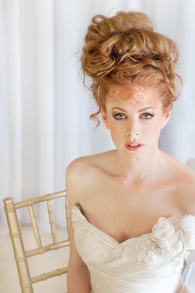  Delicately airbrushed lace tattoo blends perfectly with her strawberry blonde locks styled in gorgeous romantic wedding updo hairstyle! See more Blush Gold Whimsical Wedding Ideas by St Photography by clicking.