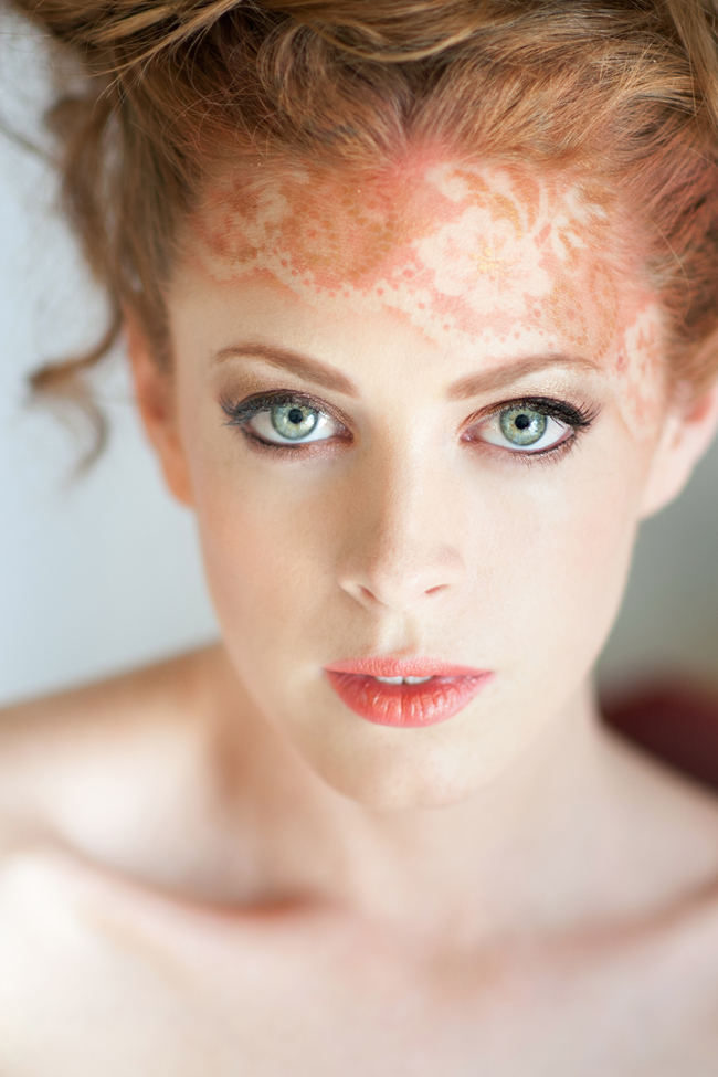 Delicately airbrushed lace tattoo blends perfectly with her strawberry blonde locks! See more Blush Gold Whimsical Wedding Ideas by St Photography by clicking.