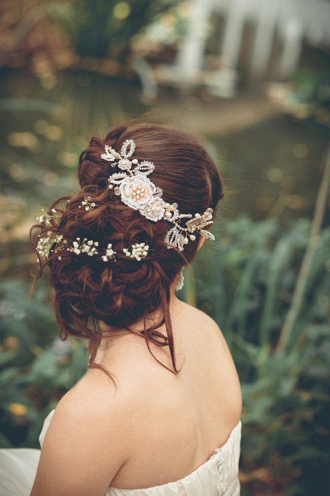 Perfectly elegant messy boho wedding upstyle.    Wrap around boho rope braid with Silk and lace hair vine // Luxe Handcrafted Heirloom Wedding Jewelry by Edera Jewelry // La Candella Weddings Photography