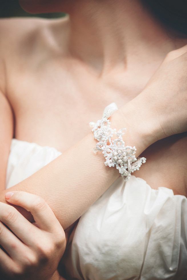 Handrafted cuff bracelet with silk crystal and pearls. Luxe Handcrafted Heirloom Wedding Jewelry by Edera Jewelry // La Candella Weddings Photography