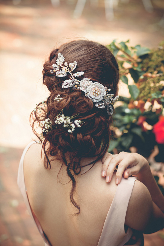 Perfectly elegant messy boho wedding upstyle.    Wrap around boho rope braid with Silk and lace hair vine // Luxe Handcrafted Heirloom Wedding Jewelry by Edera Jewelry // La Candella Weddings Photography