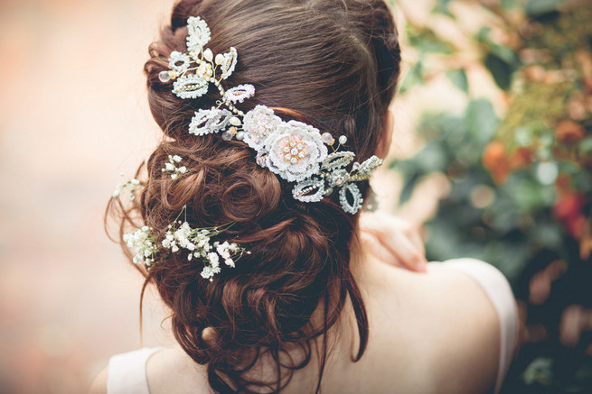 Perfectly elegant messy boho wedding upstyle.    Wrap around boho rope braid with Silk and lace hair vine // Luxe Handcrafted Heirloom Wedding Jewelry by Edera Jewelry // La Candella Weddings Photography