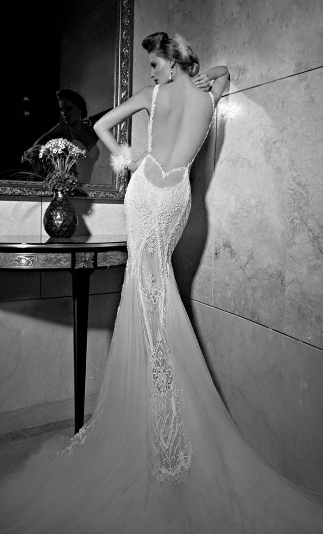 NEW Galia Lahav 2015 Wedding Dress: The Greta Garbo Wedding Dress is an art deco gown with blush and ivory details, embroidered with organic art deco motifs and sparkly sheer back detail. Along the multi-layered silk tulle train of the gown are large medallions of embroidered gems, iridescent sequins and pearls. The skirt of the gown is finished in a ruffled bi-colored silk tulle.