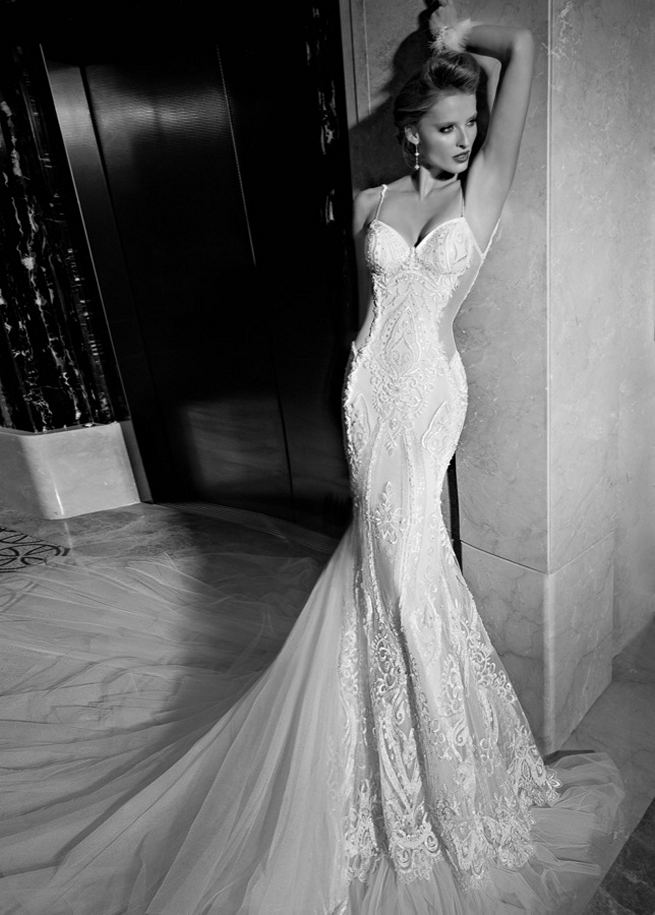NEW Galia Lahav 2015 Wedding Dress: The Greta Garbo Wedding Dress is an art deco gown with blush and ivory details, embroidered with organic art deco motifs and sparkly sheer back detail. Along the multi-layered silk tulle train of the gown are large medallions of embroidered gems, iridescent sequins and pearls. The skirt of the gown is finished in a ruffled bi-colored silk tulle.