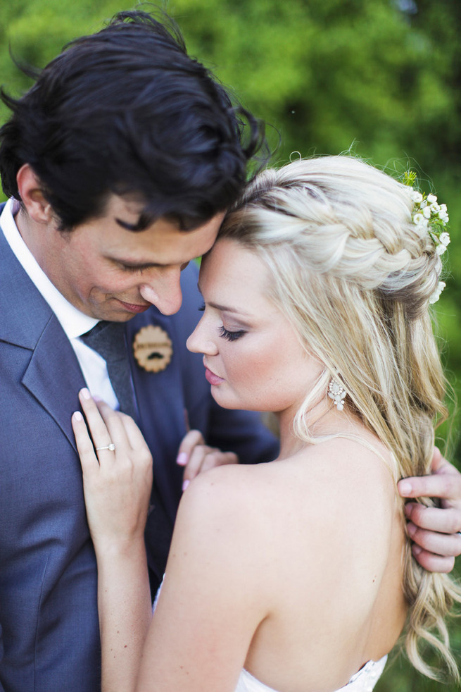 Wedding hairstyle half up half down. Groom in grey suit with grey tie. Green White Rustic South African Wedding // Justin Davis Photography