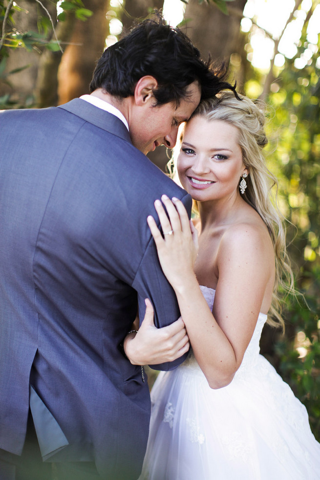 Groom in grey suit with grey tie. Green White Rustic South African Wedding // Justin Davis Photography