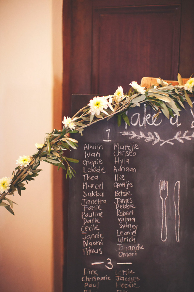DIY chalkboard seating chart with greens. Green White Rustic South African Wedding // Justin Davis Photography