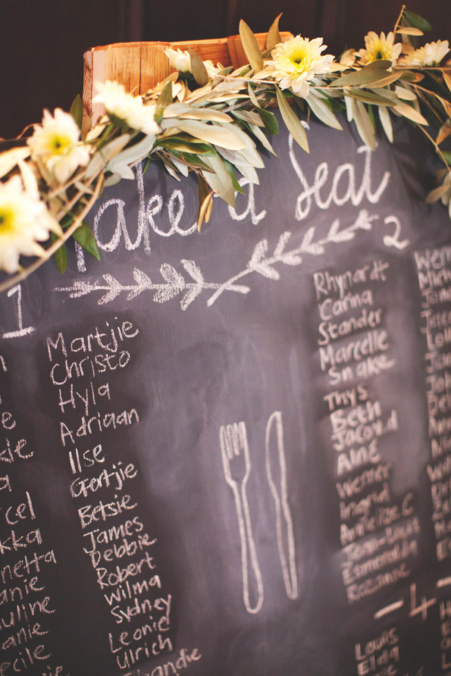 DIY chalkboard seating chart with greens. Green White Rustic South African Wedding // Justin Davis Photography